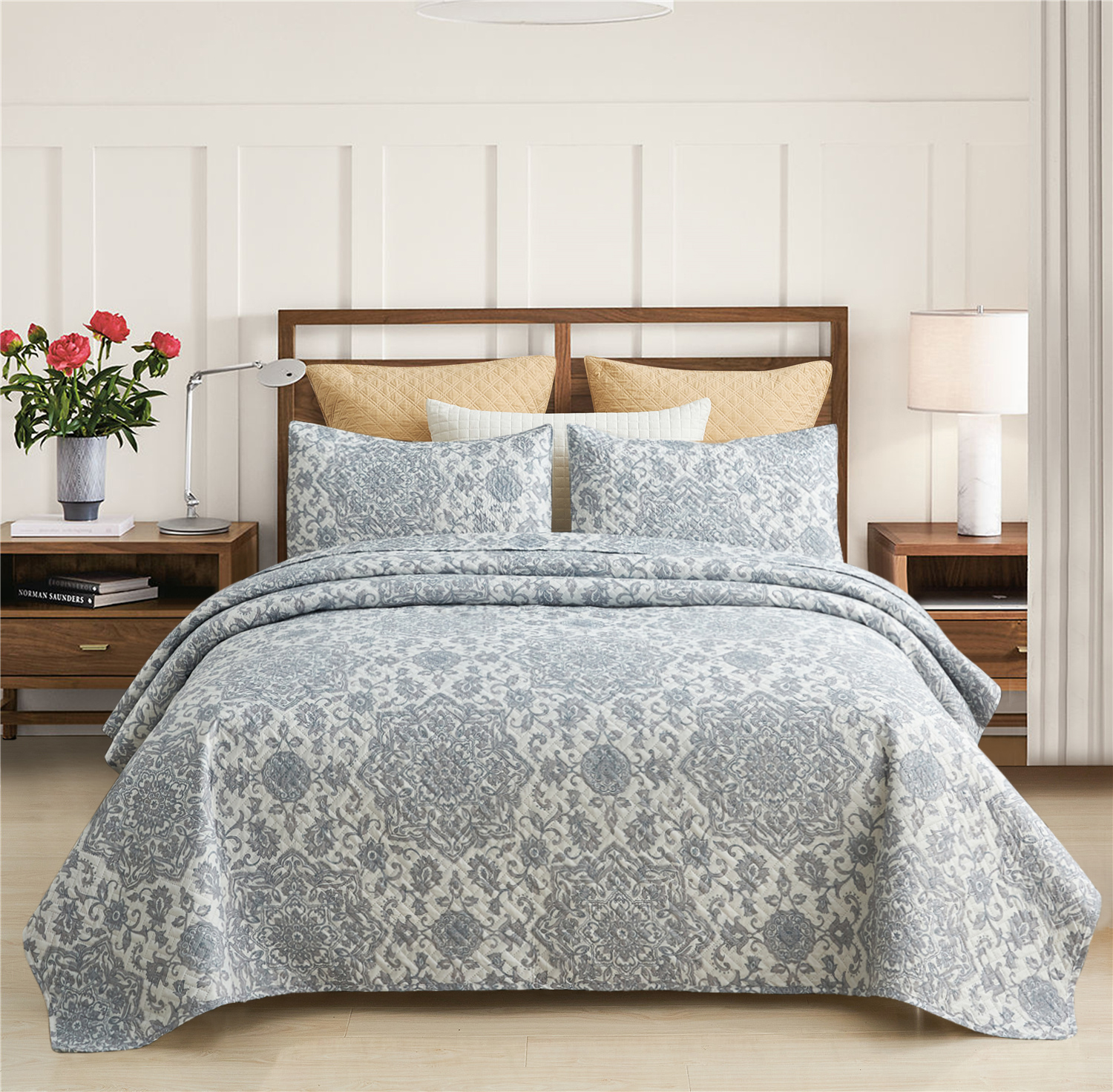 JML Quilt Set 3 Piece, Embossed Bedspread Bedding Set with 2 Shams, Queen, Light Grey & Blue Floral