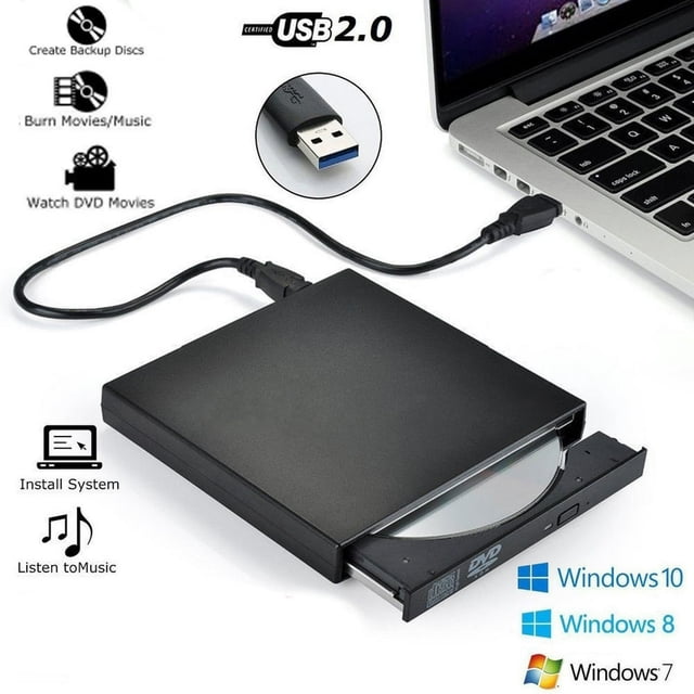 EIGTHTAIL USB External DVD CD RW Disc Burner Combo Drive Reader for Windows 98/8/10 Laptop PC. A slim, black external optical drive connected to a laptop via USB 2.0 cable, with an open disc tray. Features include dual-layer burning, 24x DVD+R and DVD-R speeds, and compatibility with Windows Vista, 7, 8, 10, and Mac OS 8.6 and above. Suitable for creating backup discs, burning movies or music, and watching DVDs.
