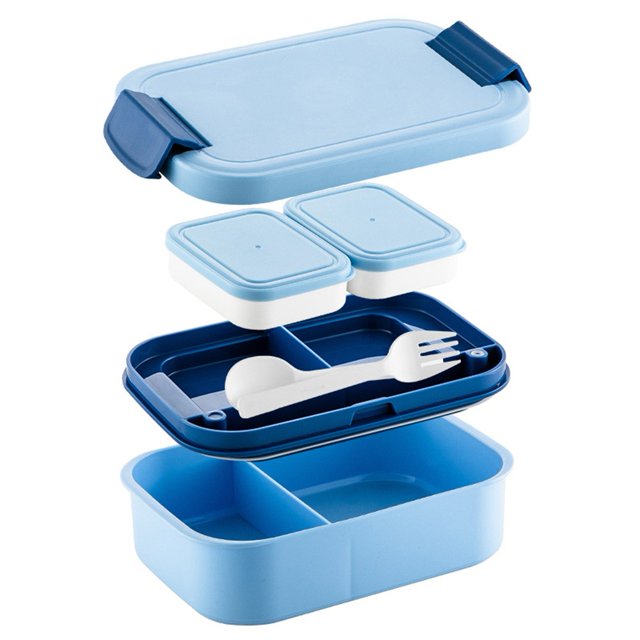 BUYISI Lunch Box, Leakproof Lunch Box For Kids With 4 Compartments 2 Sauce Pot Set Blue