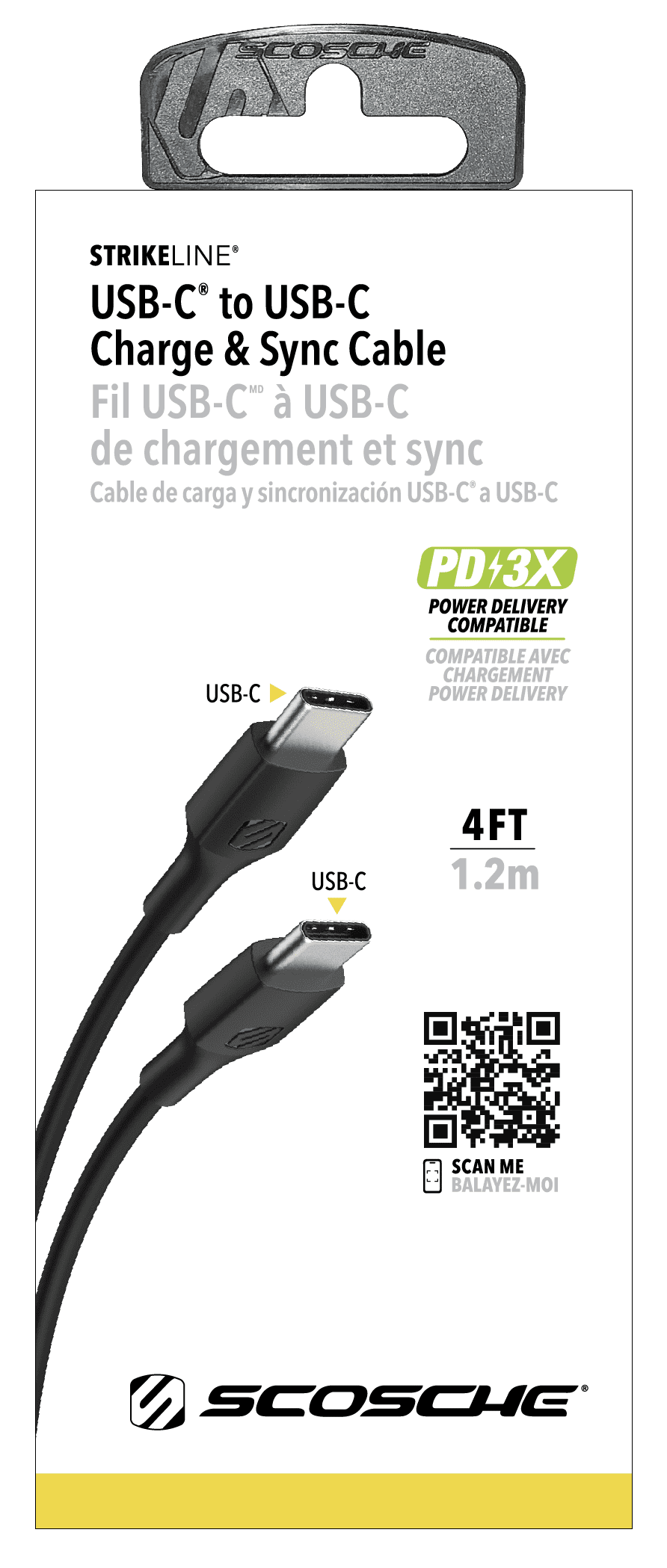 Scosche SCC4-SP StrikeLine USB-C to USB-C 60W PD Fast Charge & Sync Cable 4ft Durable Data Cable