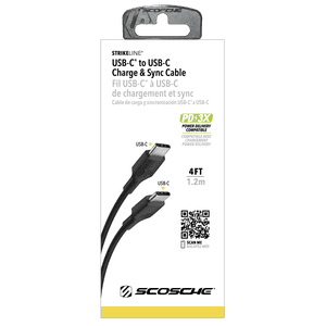 Scosche SCC4-SP StrikeLine USB-C to USB-C 60W PD Fast Charge & Sync Cable 4ft Durable Data Cable