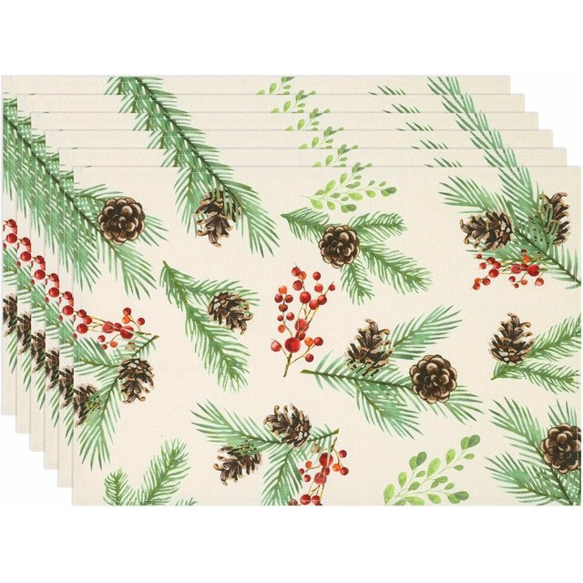 Ensemble de 6 Napperons de Noël Pomme de Pin Baies Rouges Aiguille de Pin d'Hiver Napperons Botaniques Décoration de Table de Cuisine de Vacances Saisonnière Ferme Rustique en Toile de Jute 12x18