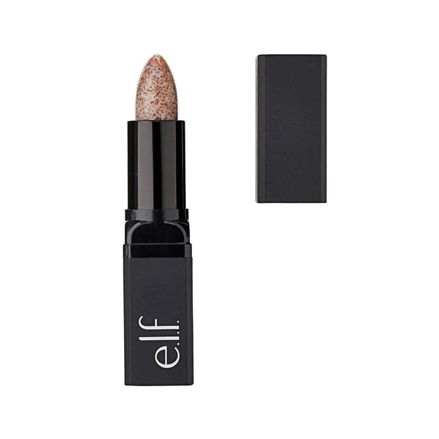 e.l.f. Cosmetics Lip Exfoliator in a black rectangular tube with the cap beside it, showing a pointed lip scrub stick with visible brown sugar granules, infused with Vitamin E, Shea Butter, Avocado, Grape, and Jojoba Oils to gently exfoliate and nourish lips for a smooth, conditioned feel.