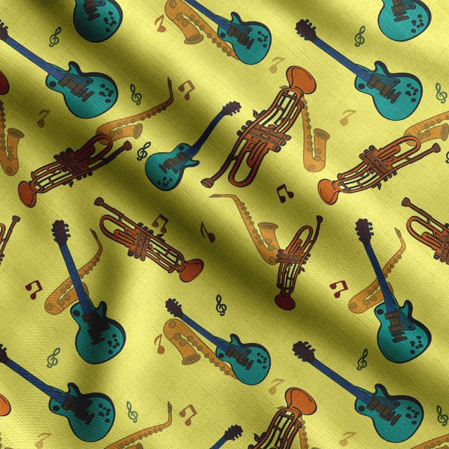 Soimoi Instruments de Musique Imprimés, Tissu en Toile de Polyester, Tissu de Couture pour Déco au Mètre 56 Pouces de Large, Tissu Décoratif pour Rideaux Sacs Fourre-Tout, Jaune et Vert Sarcelle
