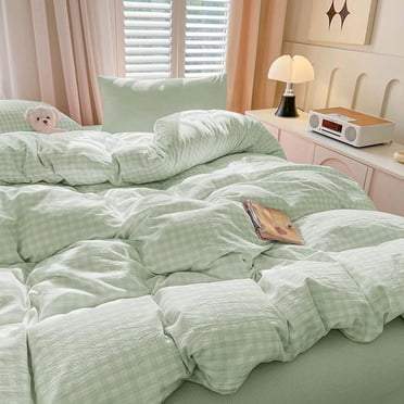 Nayoroom 2 Pieces Boho Plaid Bedding Set Green Grid Duvet Cover with Zipper Ties 100% Washed Microfiber Bedding Set Luxury Soft Breathable Durable,Twin Size