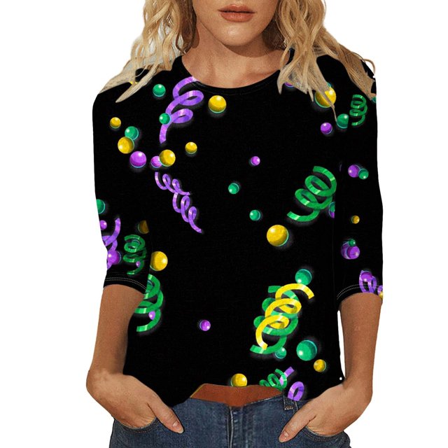 Outfmvch Chemises Mardi Gras pour Femmes, Manches 3/4 Hauts pour Femmes, Tenue Mardi Gras pour Femmes, Blouses pour Femmes, Hauts d'Entraînement pour Femmes, Tunique Graphique de Carnaval Manches 3/4 Col Rond Blouse Marine TG
