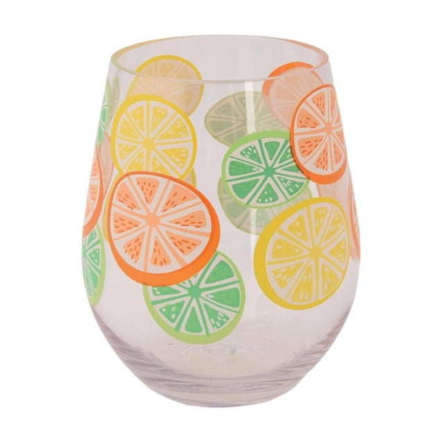 Mainstays Verre à Vin Sans Pied en Acrylique Tropical, 19,7 Oz, Acrylique Transparent et durable avec Décalcomanies Colorées de Tranches d'Agrumes Tropicaux en Jaune, orange et Vert, Sans BPA et Compatible Lave-Vaisselle, Convient aux Réceptions Décontractées à l'Intérieur et à l'Extérieur.