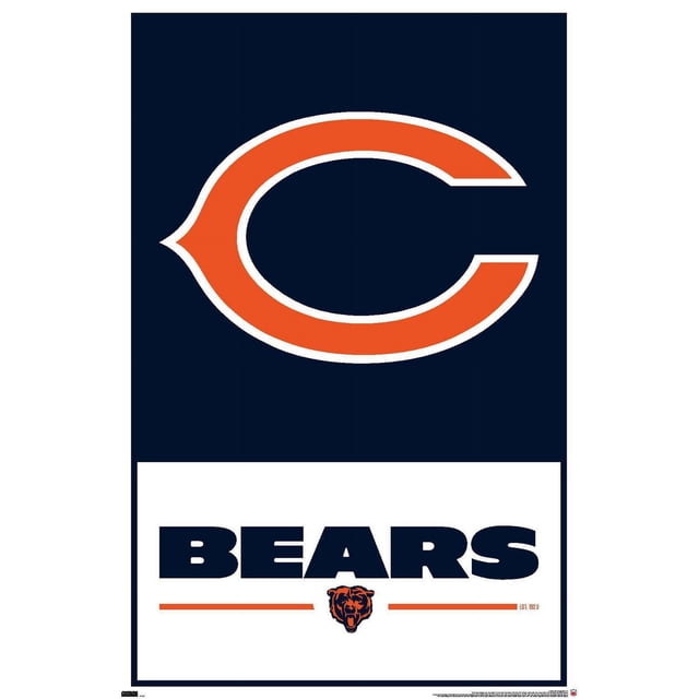 NFL Chicago Bears - Logo 21 Wall Poster, 22.375" x 34" framed with a centered orange 'C' logo outlined in white on navy blue above bold navy 'BEARS' text on white, featuring an orange bear head logo and horizontal lines, suitable for sports-themed wall décor in various rooms.