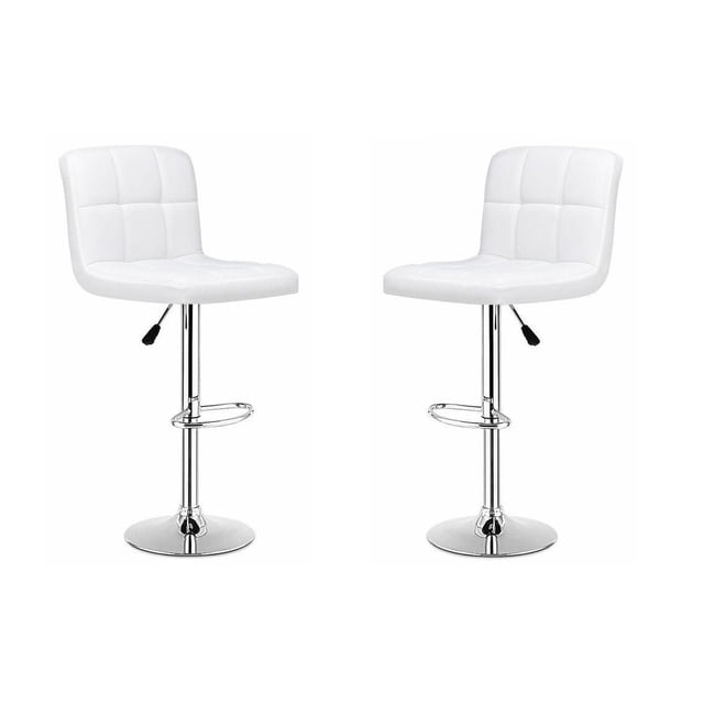 Heavenly Collection Leather Adjustable Stool for Dining Area Set of 2 with two white faux leather stools featuring square tufted backs, adjustable height levers, and chrome pedestal bases with built-in footrests, suitable for kitchen and dining seating.