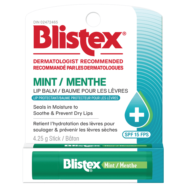 Blistex® Mint Lip Balm Sunscreen SPF 15 in a green stick tube on white and teal packaging, seals in moisture to soothe and prevent dry lips, dermatologist recommended, bilingual English and French labeling, 4.25 g stick size.