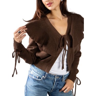 Jess by Meiko Women's Sweaters Long Sleeves Flouncy Collar Tie Cardigan M Brown