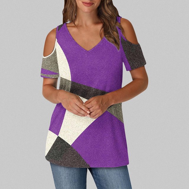 Soki Womens Tops Color Blocked Printed Short Sleeved V-Neck Off Shoulder Fashionable Summer Clothes