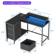 GloryStar L Shaped Gaming Desk with 4 Tier Drawers, L Shaped Desk with Power Outlets and Led Lights, Home Office Desk with Monitor Stand, 43 Inch Gaming Table for Bedroom, Study Writing Gaming Desk