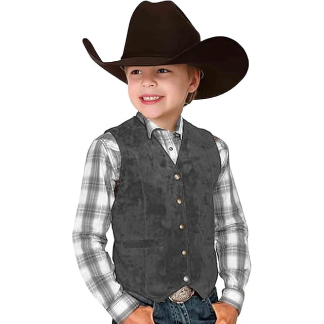 Kcodviy Gilet Rétro pour Garçons Style Cowboy en Cuir Suédé Col en V Décontracté Style Western Vintage