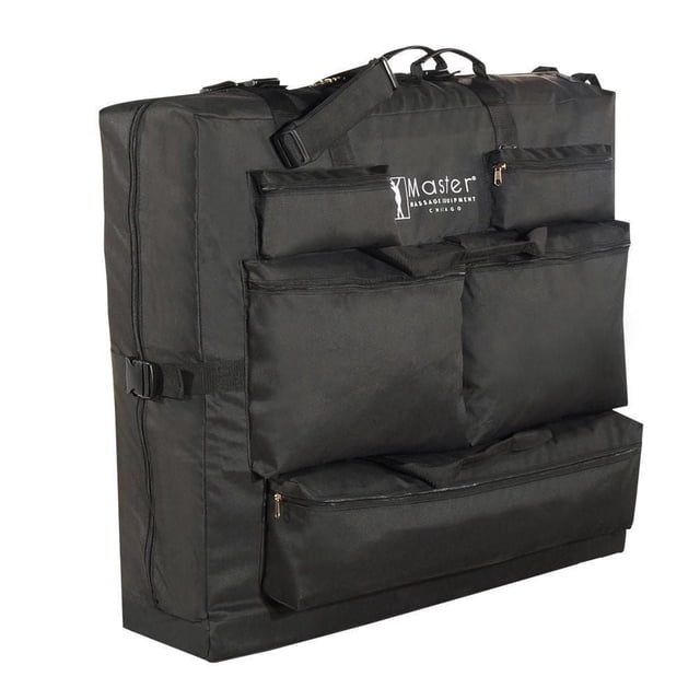 Master Massage - Universal Massage Table Carrying Case in black with multiple zippered external pockets and an adjustable ergonomic shoulder strap, designed to fit and securely transport portable massage tables 25 to 30 inches wide, made with durable fabric and unbreakable metal hardware.