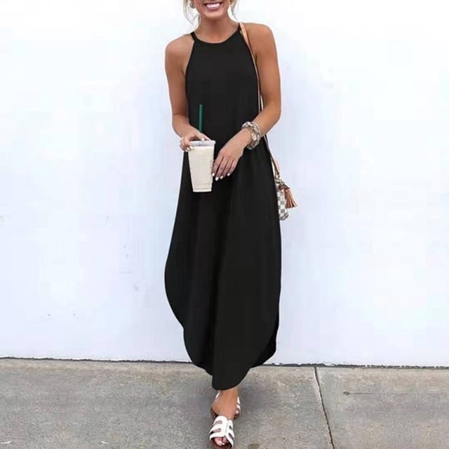 Pisexur Robe d'Été pour Femme Ample Unie en Coton et Lin Robe Chemise Sans Manches à Col Licou à Volants Superposés Décontractée Bohème Fluide Robe Maxi