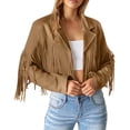 thumbnail image 2 of Kcodviy Femmes Veste Mignonne en Faux Suède à Franges Vestes en Cuir à Franges Moto Chandail à Capuchon à Col Roulé pour Femmes Veste Manche Décontractée Manteaux Courts, 2 of 8