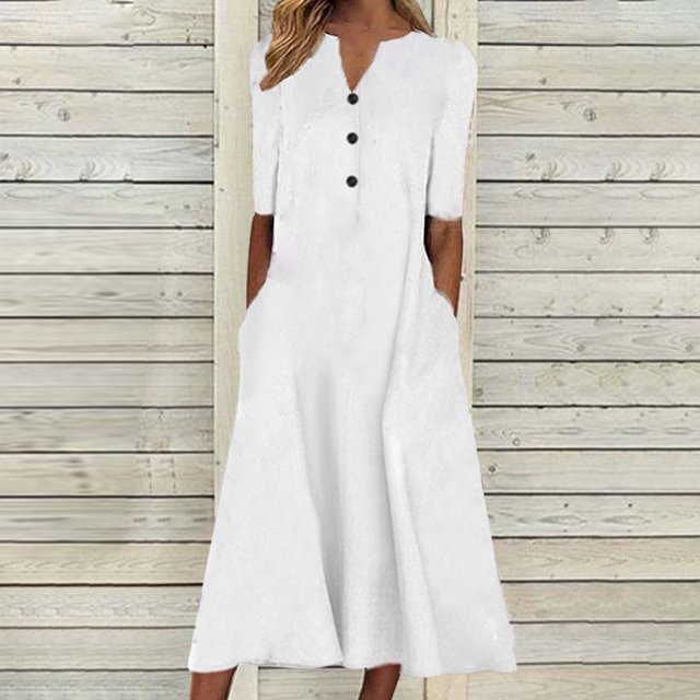 Pisexur Robe à Manches Courtes Col en V Longueur Genou Mode Femmes Été Imprimé Décontracté Col en V Bouton Manches Courtes Vacances Poches Robe Femmes Robe