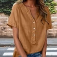 thumbnail image 2 of Floleo T-Shirt à Manches Courtes pour Femmes, Style Lin, Col en V, Boutons devant, Demi-Ouverture, Haut Vintage Classique, Respirant, Confortable, Extensible, Tissu Fin, Printemps Été Automne, Tenue Quotidienne (Gold#2,L), 2 of 8