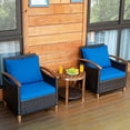 thumbnail image 1 of Patiojoy 3-Piece Patio Rattan Wicker Bistro Set Acacia Wood Frame Sofa and Side Table Blue, 1 of 4
