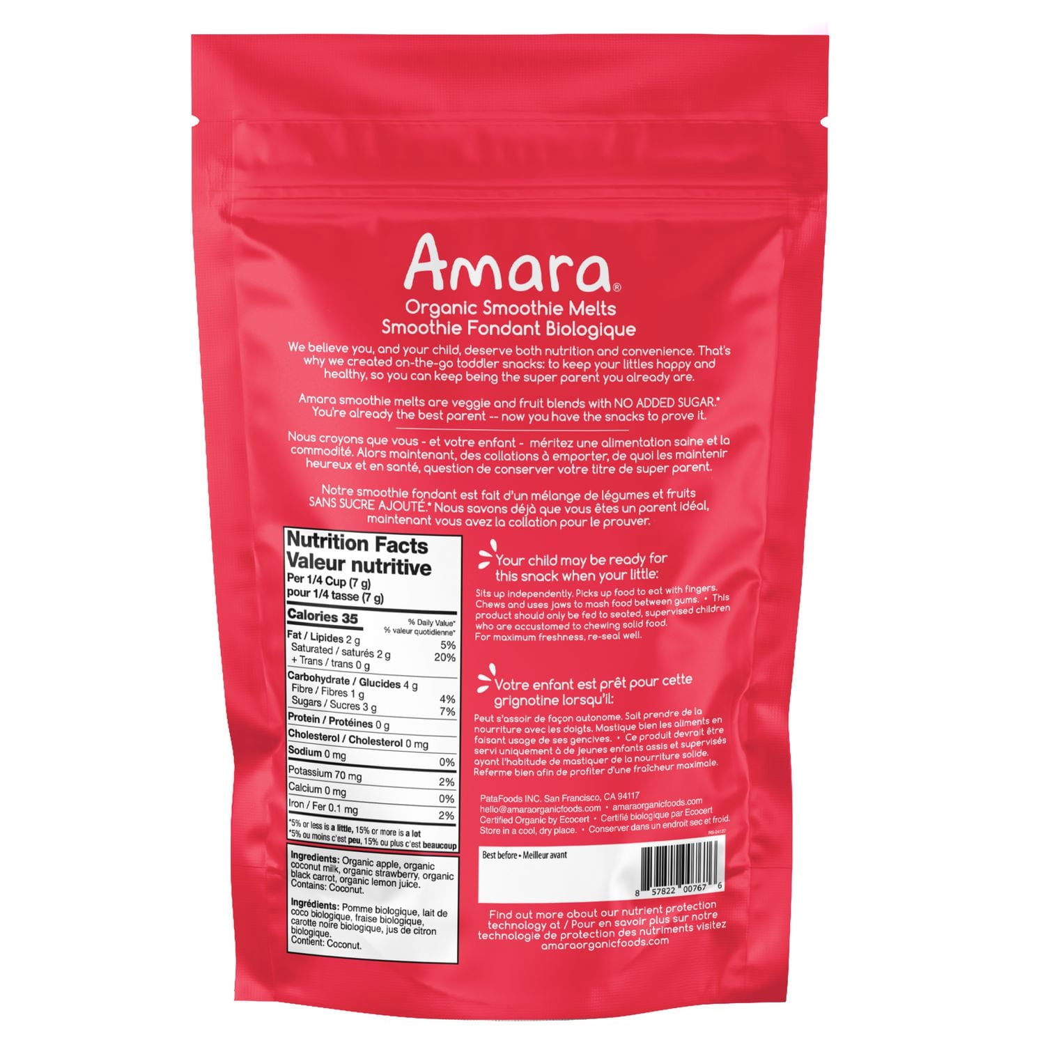 Bouchées aux fruits biologiques Amara, Fraise, 23 g, collation fondante pour bébés et tout-petits, sans sucre ajouté
