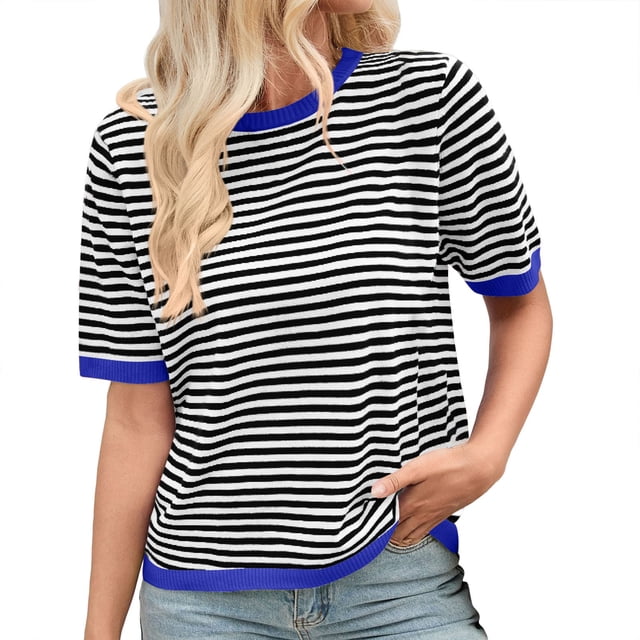 Fgnfyis un T-Shirt Tricoté à Manches Courtes et Col Rond avec un Design à Blocs de Couleur Rayés pour Femmes Hauts d'Été pour Femmes Bleu TG
