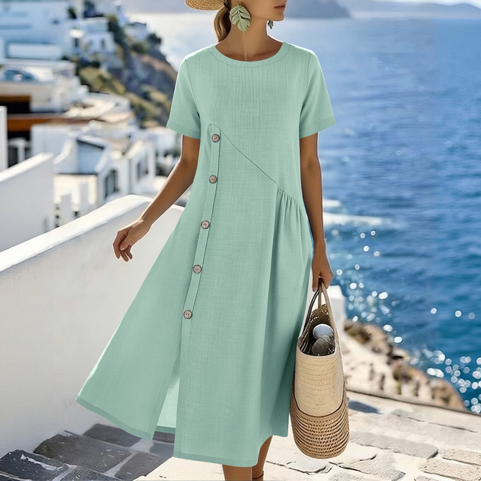 casual midi summer dress for women Dresses Women's Summer Travel Loungewear Short Sleeve Round Neck Side Button Split Linen Breathable Dress with Pockets Daily Green L yellow casual dress Maxi dress Ball Gown A-Line Ankle Size:3-4Y
