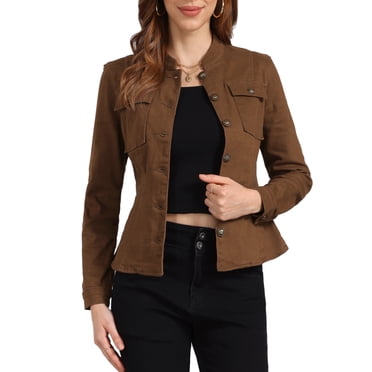 INSPIRE CHIC Women's Denim Jackets Stand Collar Long Sleeves Short Jean Jackets Brown XS