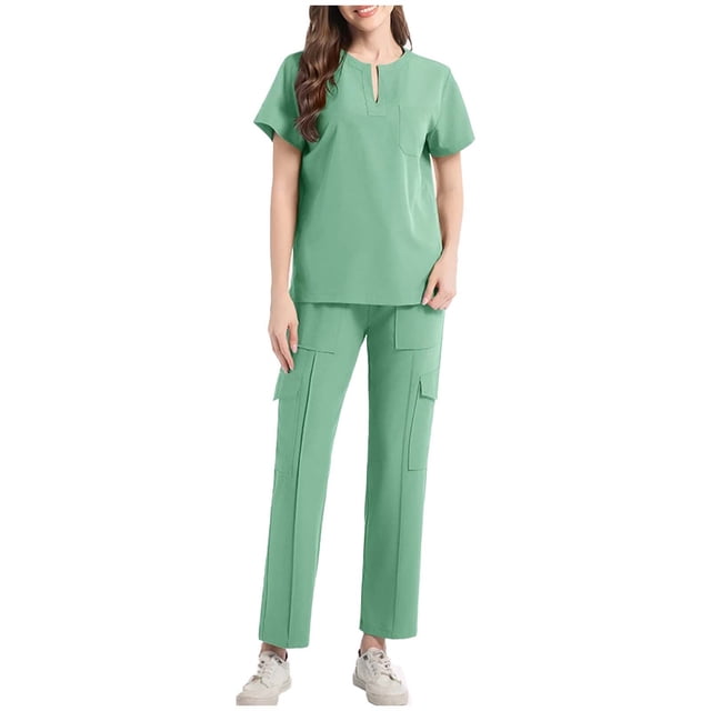 HongQid Women's Scrub Set Round-Neck Tops & Cargo Jogger Pants - MotionTech, 4-Way Stretch, Wrinkle-Resist, Anti-Shrink
