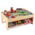 thumbnail image 1 of Gymax 94 PCS Wooden Train Set Table w/Reversible Tabletops 3 Storage Bins Tracks Cars, 1 of 10