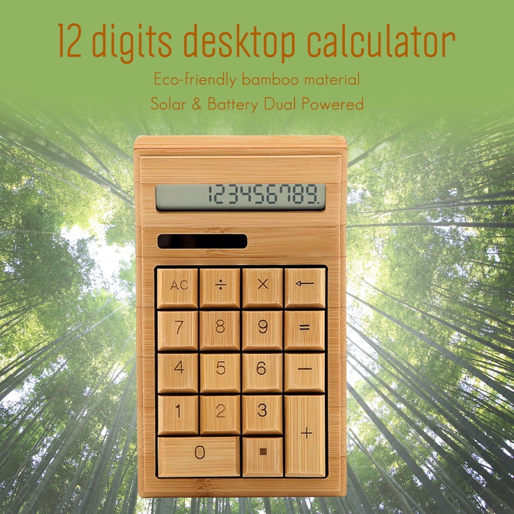 Eco-friendly bamboo electronic calculator, counter, standard functions, 12 digits, solar and battery powered, suitable for home, office, school, retail store