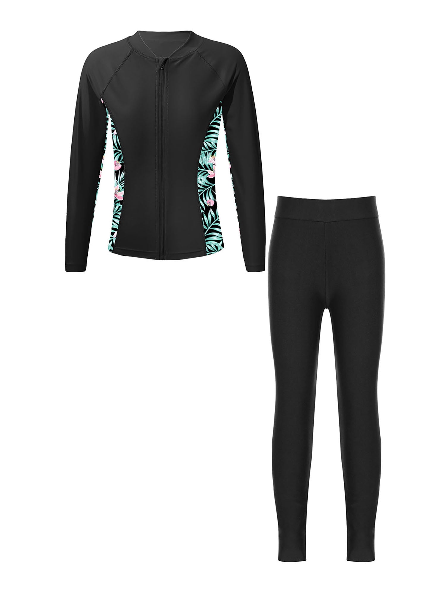 Yanarno Kids UPF 50+ Rash Guard Set Girls Long Sleeve Swimming Costume Junior Rashguard Swimwear Black 16