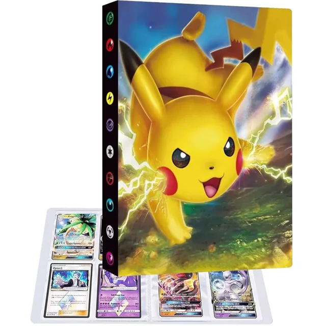 Trading Card Storage Binder, a durable card binder with 30 pages, holding up to 240 cards. Features a vibrant Pikachu design with lightning effects on the cover. Made of high-quality PP material, lightweight at 100 g, and easy to carry. Includes top-loading pockets for convenient card removal and replacement. Ideal for trading cards or small photos. Cards not included.