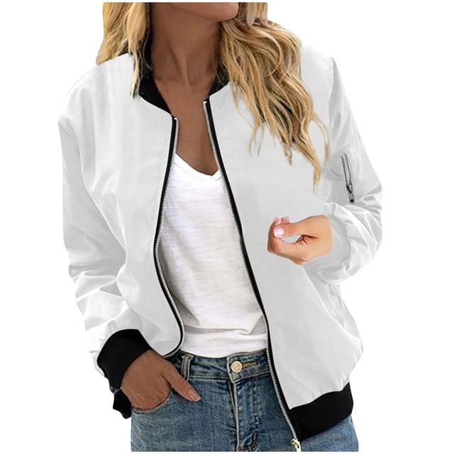 Womens Fashion Jacket Casual Stand Collar Zip Up Lightweight Coat Fall Color Block Jackets with Pockets White M