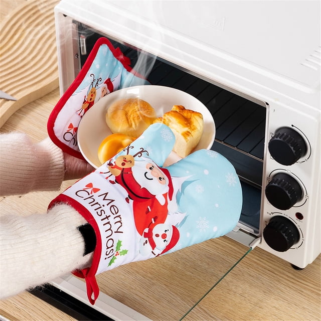 Oleegame 1PC Christmas Baking Heat Gloves Christmas Oven Microwave Gloves Mat Set Cotton Potholder Machine Washable Microwave Oven Mitts Heat Proof Pads For Kitchen Baking