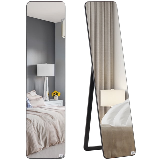 HOMCOM Full Length Mirror, Rectangular Full Body Mirror in black with a sleek aluminum alloy frame. This modern floor mirror features a foldable support frame for self-standing and two holes for wall mounting, making it versatile for bedrooms, bathrooms, and dressing rooms. Offers a full-length view of outfits and adds a touch of luxe decor. Dimensions: 14.6 inches wide by 63 inches high.
