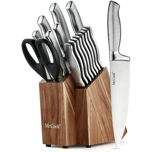 McCook MC20 Premium Knife Sets,17 Pieces Full Tang Hammered German Stainless Steel Kitchen Knife Set with 8 Pieces Steak Knives and Acacia Block