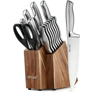 McCook MC20 Premium Knife Sets,17 Pieces Full Tang Hammered German Stainless Steel Kitchen Knife Set with 8 Pieces Steak Knives and Acacia Block