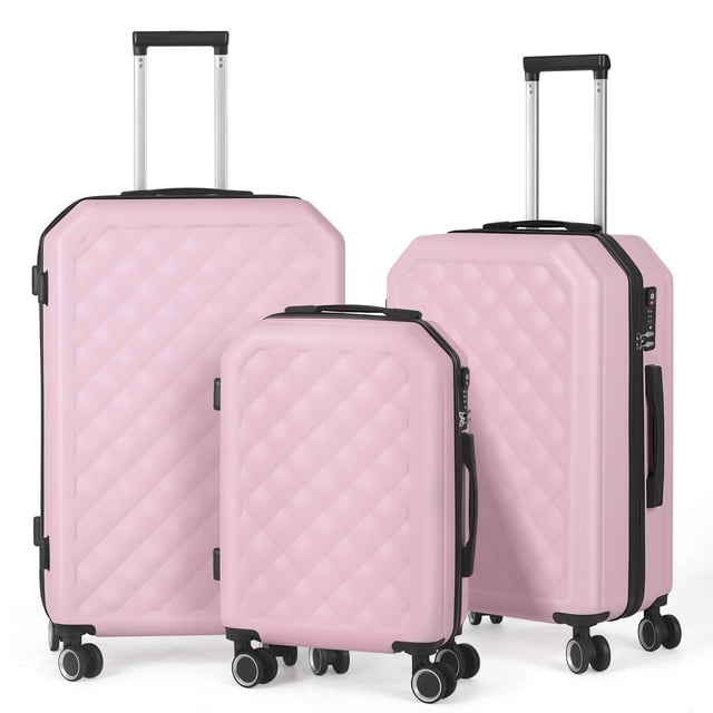 HIKOLAYAE Upright Luggage with 8-Wheel Spinner in Azure Blue, 3 Piece - TSA Compliant set of three hard-shell suitcases in azure blue with quilted texture, featuring telescoping handles, side and top grips, 8 double spinner wheels for 360-degree mobility, and TSA-approved combination locks, suitable for secure and durable travel.