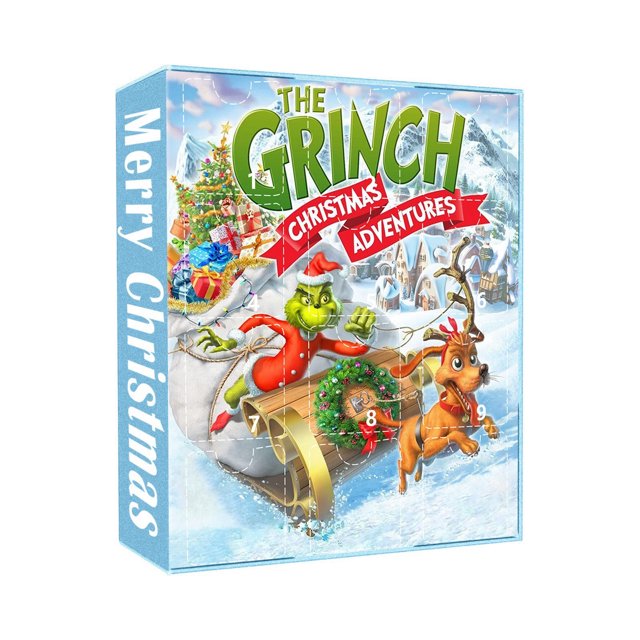 2024 Christmas Advent Calendar - Gr-inches 24PC Funny Christmas Blind Boxes featuring random action figure toys. The box design showcases a festive Grinch theme with vibrant holiday imagery, including the Grinch in a Santa outfit riding a sleigh with a reindeer. The calendar offers 24 days of surprises, each containing a unique cartoon figurine, making it a fun countdown to Christmas for kids and adults.