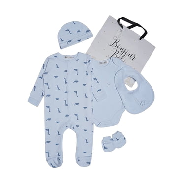 Bonjour Bebe Little Dino 5-Piece Layette Set – 100% Cotton Baby Essentials, Sleepsuit, Bodysuit & More – Adorable & Comfortable Gift for Baby Boys & Girls