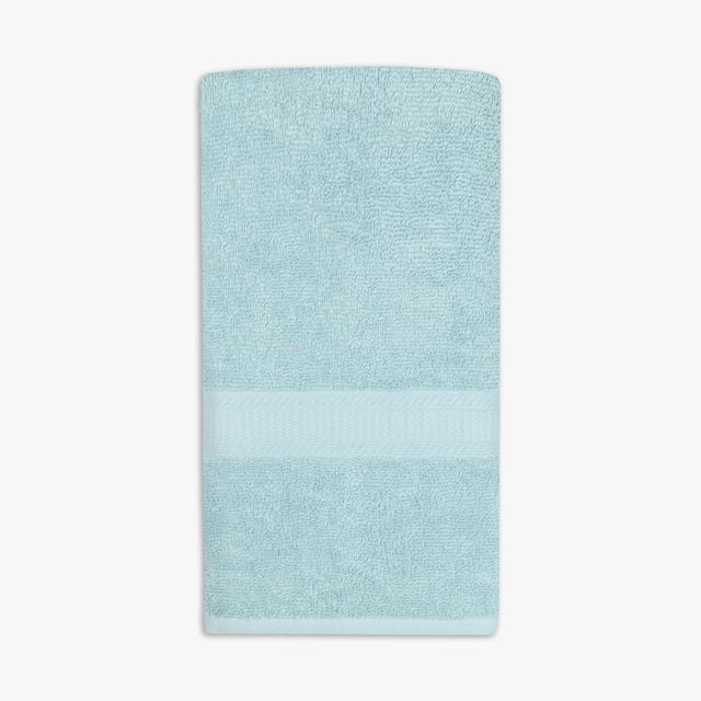 Light blue Mainstays Basics solid hand towel featuring a textured horizontal band near the bottom.
