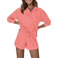 thumbnail image 1 of Timegard 2 Piece Lounge Outfits for Women Lapel V Neck Long Sleeve Tops Drawstring Short Pants Solid Color Sets, 1 of 5