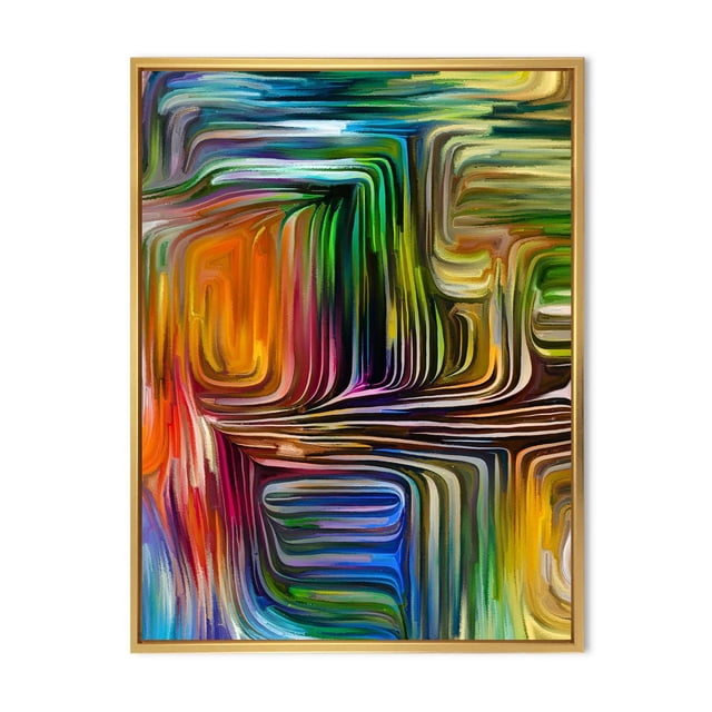 Designart Colour Fusion III Cadre Flottant ART Mural avec Lignes Tourbillonnantes Multicolores Géométriques Abstraites Modernes en Bleu, Vert, orange, Jaune et Violet sur Toile de Coton de Qualité Supérieure, Enveloppé et Tendu sur un sous-Cadre en Bois de 1 Po dans un Cadre Flottant en Bois Clair, Prêt à Accrocher.