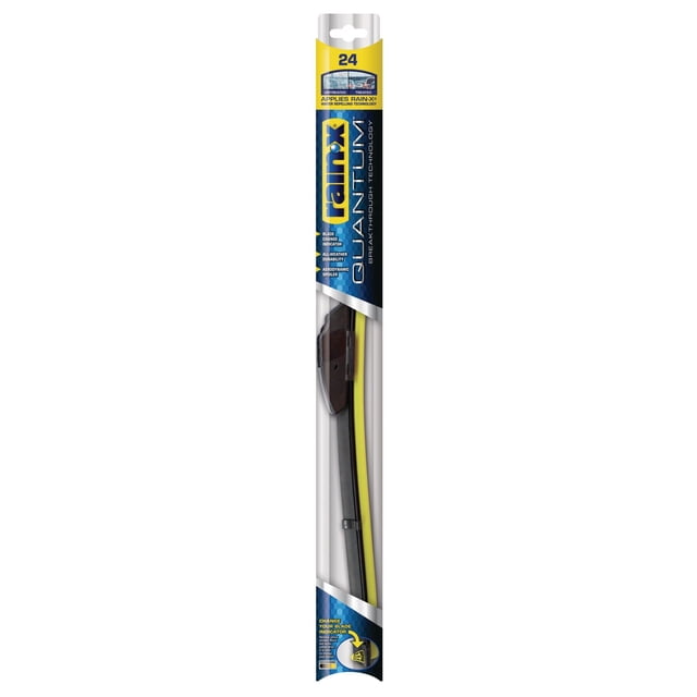 Rain-X Quantum 24" Wiper Blade in retail packaging showing a black beam blade with yellow water-repelling coating strip and aerodynamic spoiler. Packaging highlights blade change indicator, all-weather durability, and breakthrough water-repelling technology for 24-inch J-Hook arms.