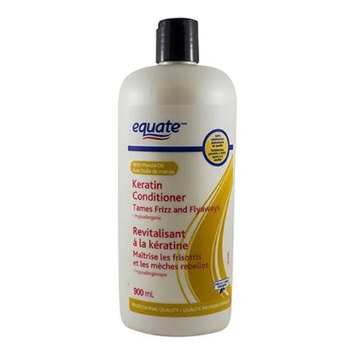 Equate Revitalisant à la Kératine Bouteille 900 ml avec Bouchon Rabattable Noir et Corps Blanc, avec accents d'Étiquette Jaunes et Bleues, Formulé avec de l'Huile de Marula pour Dompter les Frisottis, Contrôler les Fuites de Mouches et Nourrir en Profondeur les Cheveux. Formule Hypoallergénique Revitalise et Démêle les Cheveux, les Laisse Doux et Lisses, Idéal pour les Soins Capillaires Quotidiens.