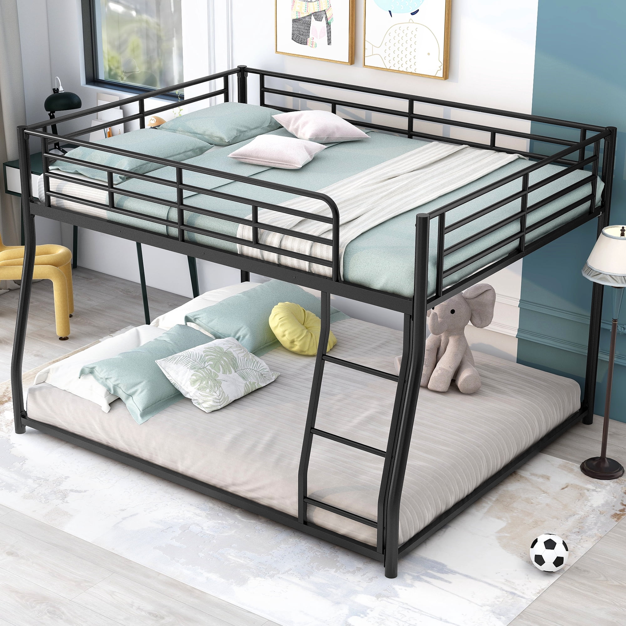 Noble House Full XL Over Queen Metal Bunk Bed,Black Industrial Frame with Guardrails & Slats,Black