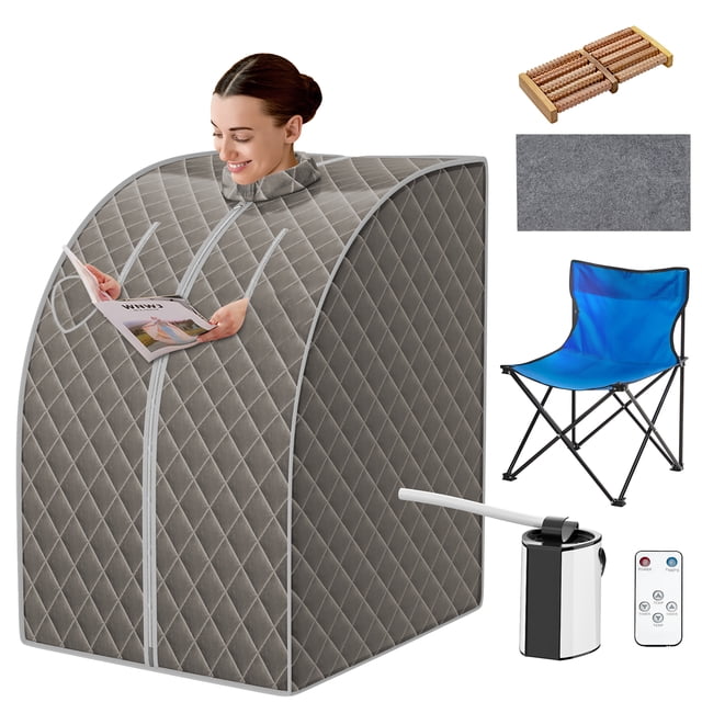 Costway Portable Steam Sauna in gray with a quilted exterior, featuring a 9-gear adjustable temperature and a 3L stainless steel steamer. The set includes a foldable blue chair, a foot massage roller, an absorbent mat, a remote control, and a herbal box for adding essential oils or herbs. The sauna tent has two zippered hand openings, a front pocket for the remote, and a double-sided zipper for easy access. It offers adjustable heating up to 149°F and a timer range of 15 to 90 minutes, ideal for home spa relaxation.