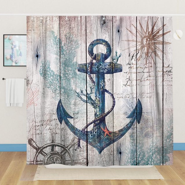 Nautical Anchor Shower Curtain Set - 72" x 72" Beach Coastal Decor Rustic Summer Bathroom Polyester Fabric with Hooks
