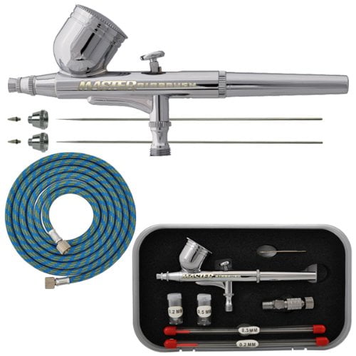 Master Performance G222 Pro Set Master Airbrush with 3 Nozzle Sets (0.2, 0.3 & 0.5mm Needles, Fluid Tips and Air Caps) and Air Hose - Dual-Action Gravity Feed Airbrush 1/3 oz Cup - Spray Art Auto Cake